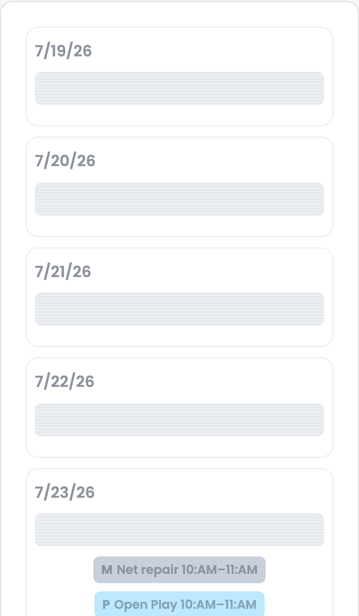 Court calendar Week view with vertical time heatmap and event pills on phone