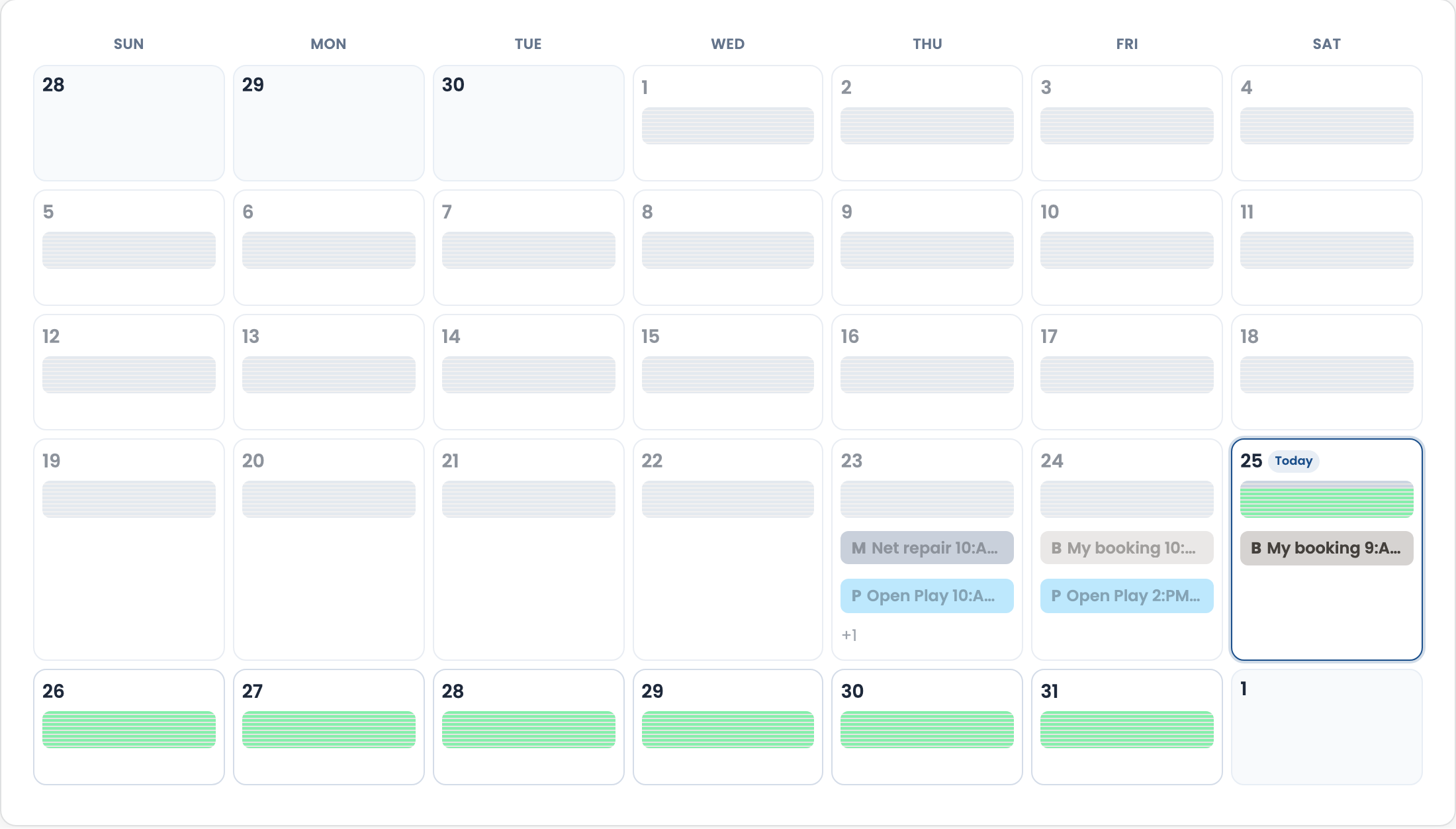 Court calendar Month view with Sun–Sat grid, heatmap, and event pills
