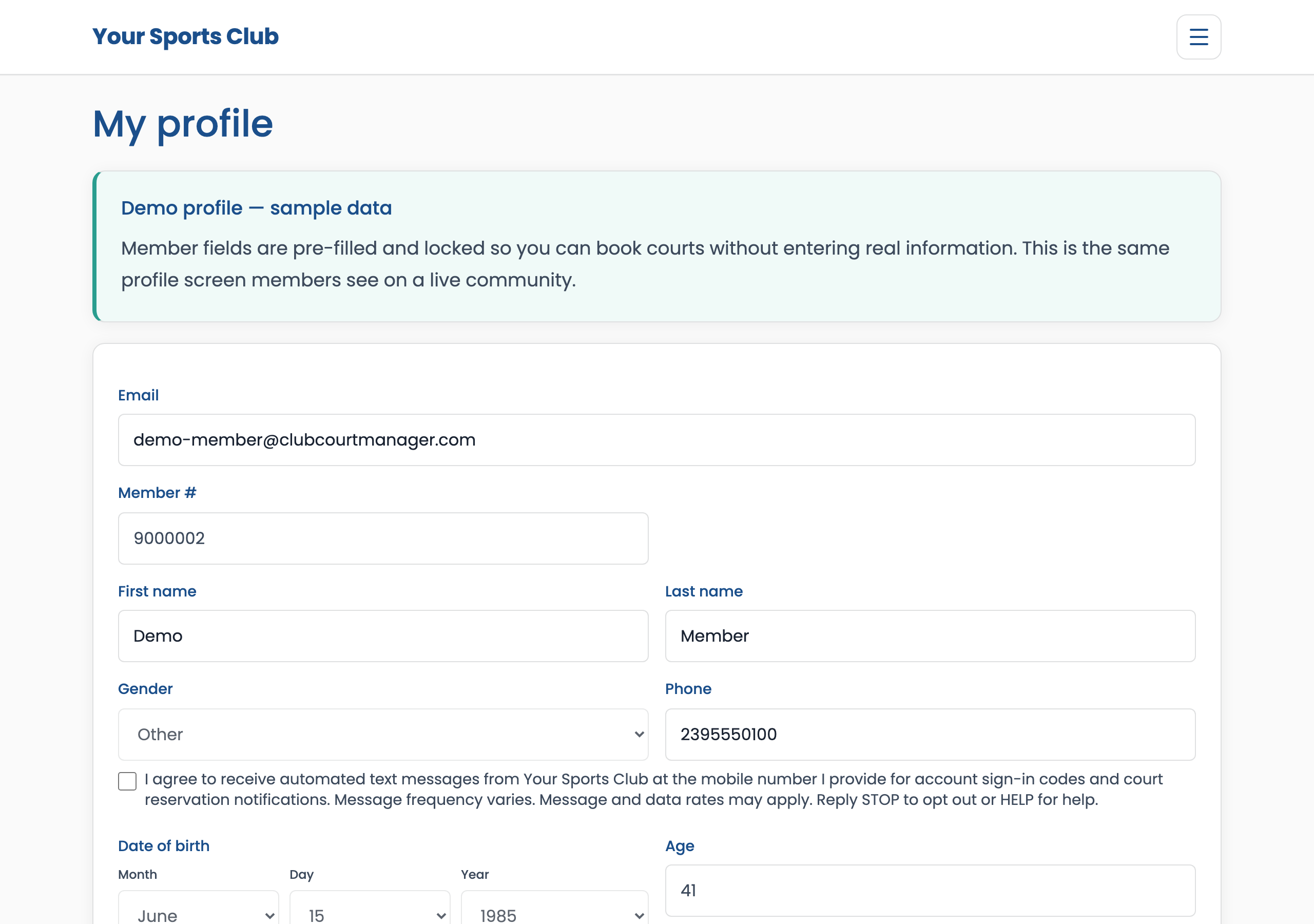 Member profile form with contact fields and skill ratings