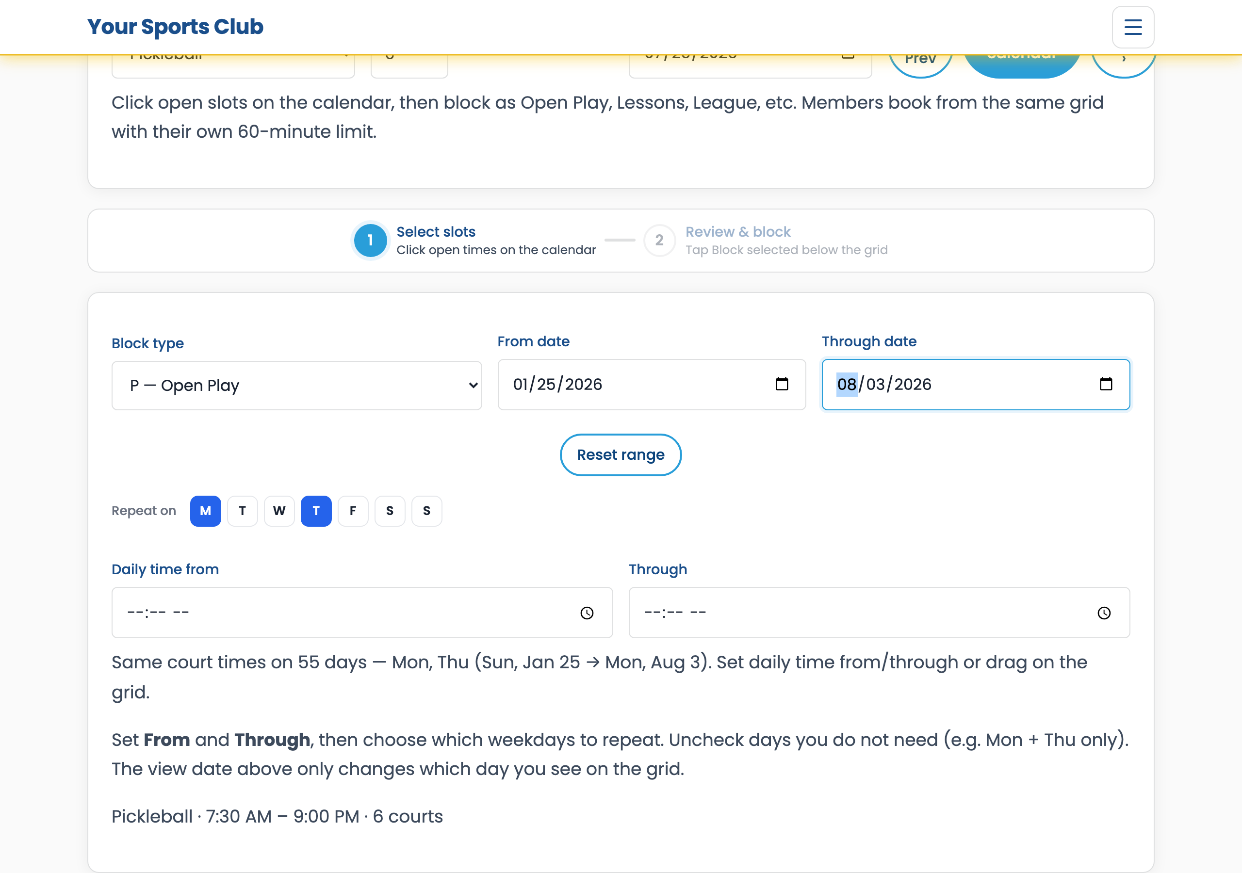 Admin Schedule tab with calendar grid, block presets, and reservations list