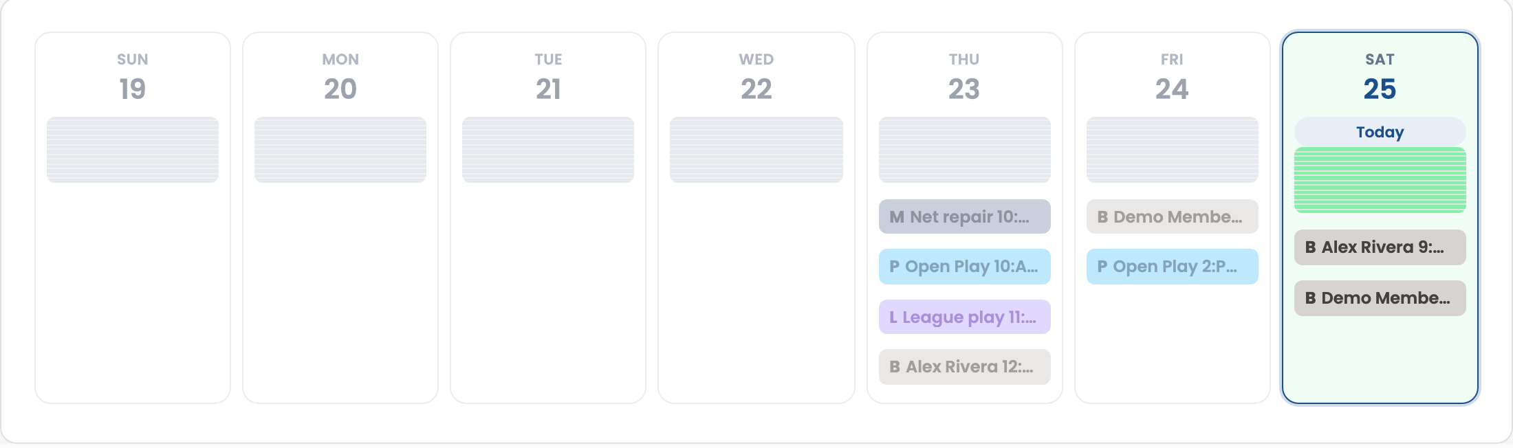 Admin Schedule Week view with time heatmap and event pills