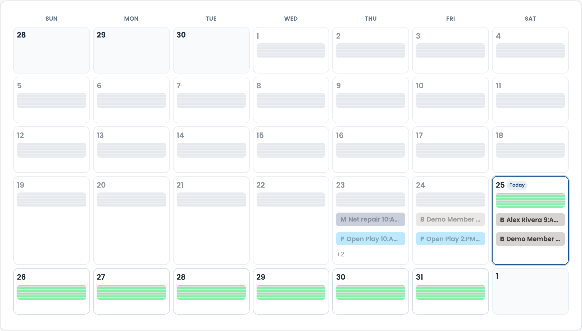 Admin Schedule Month view with Sun–Sat calendar grid