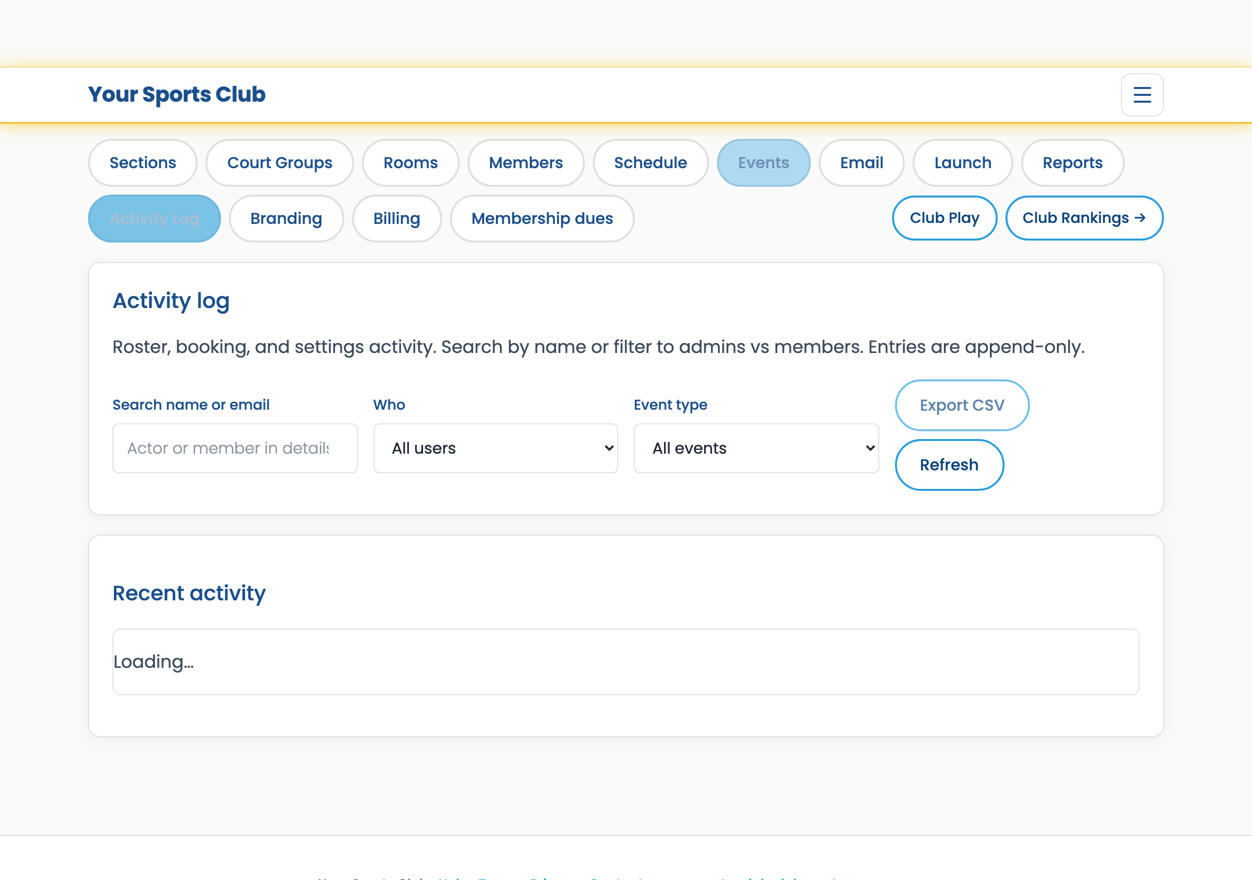 Admin Activity log with append-only audit entries
