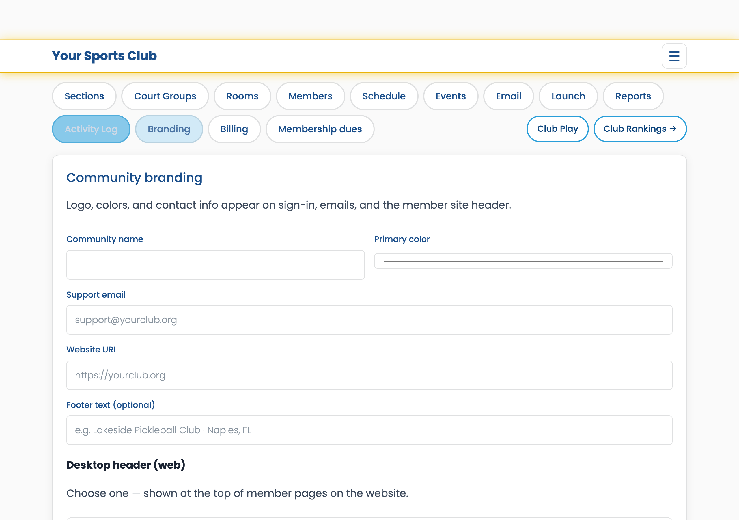 Admin Branding tab with logo upload and brand colors