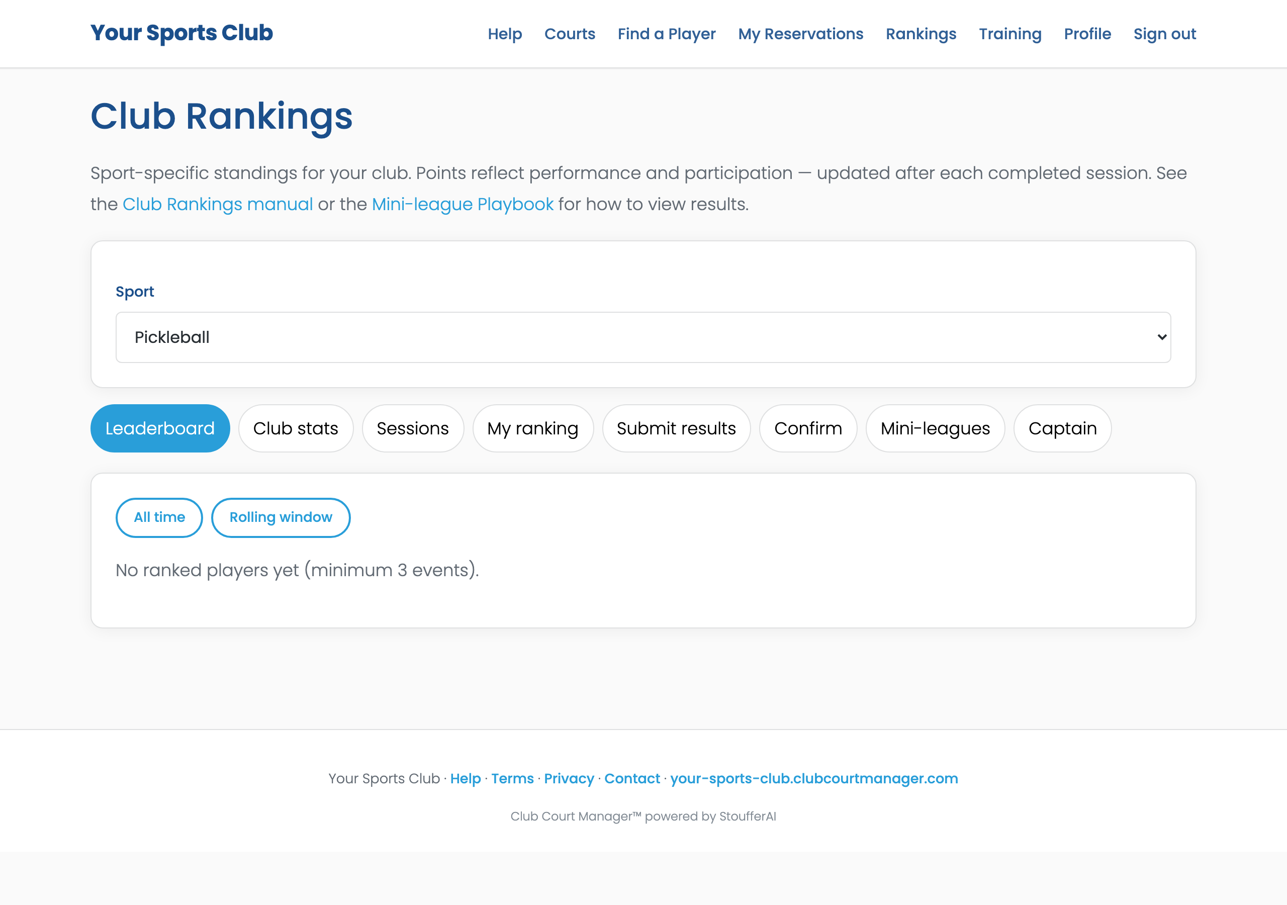 Club Rankings leaderboard tab with sport picker and All time toggle