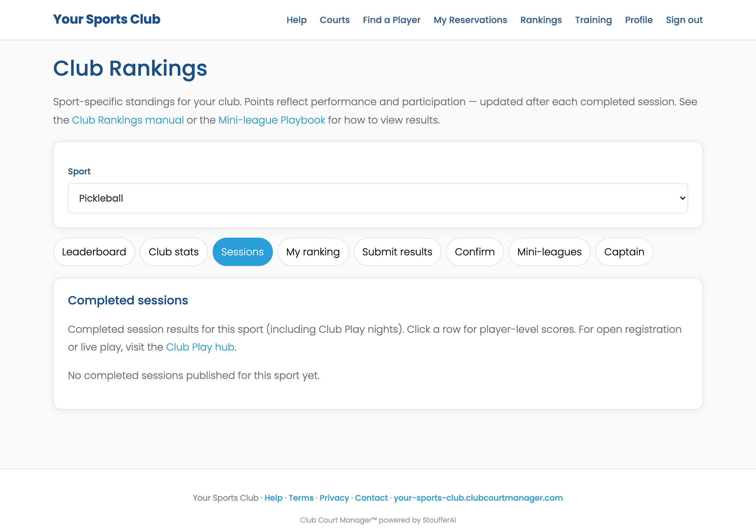 Club Rankings Sessions tab listing completed sessions