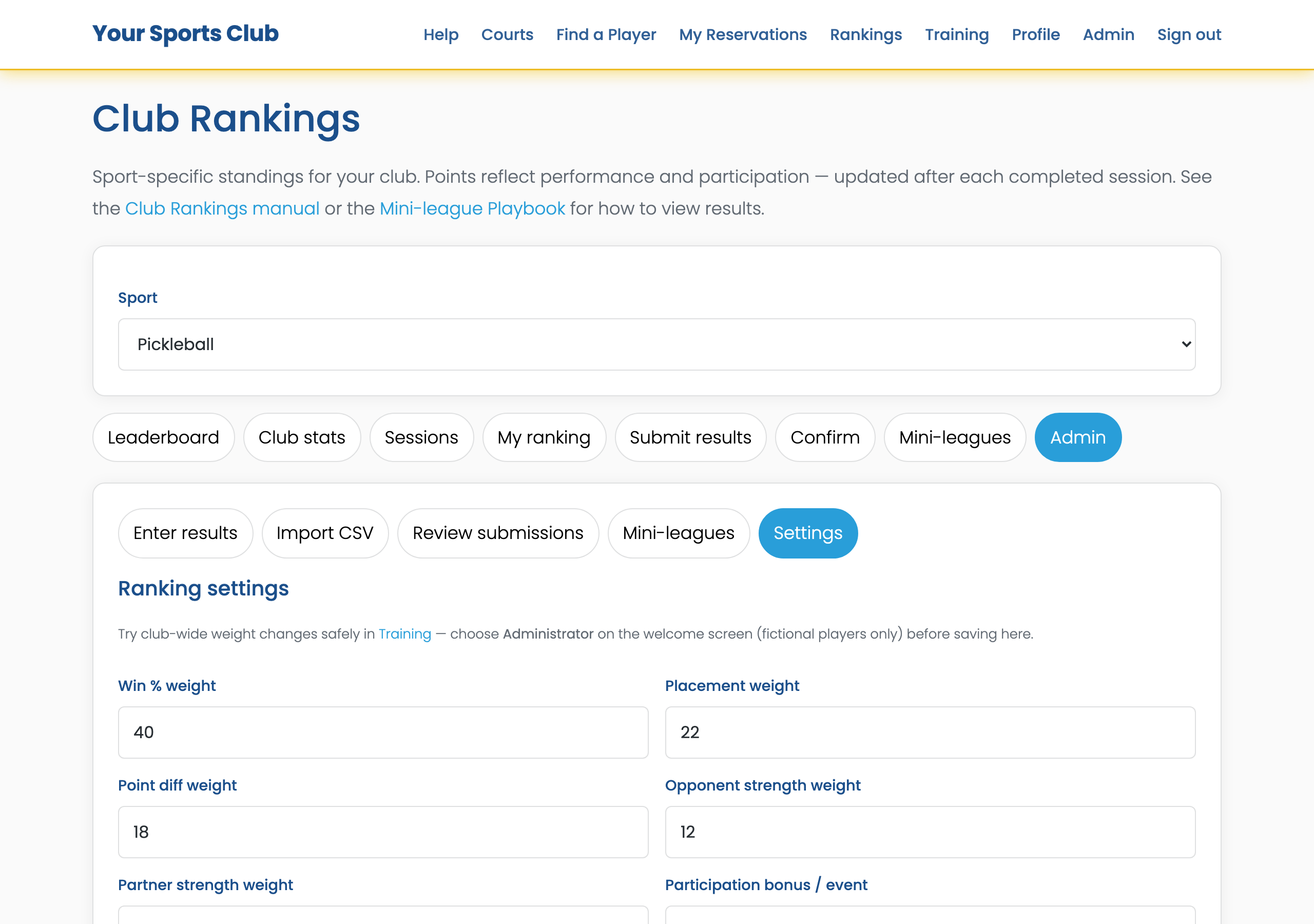 Club Rankings Admin Settings panel with weight sliders