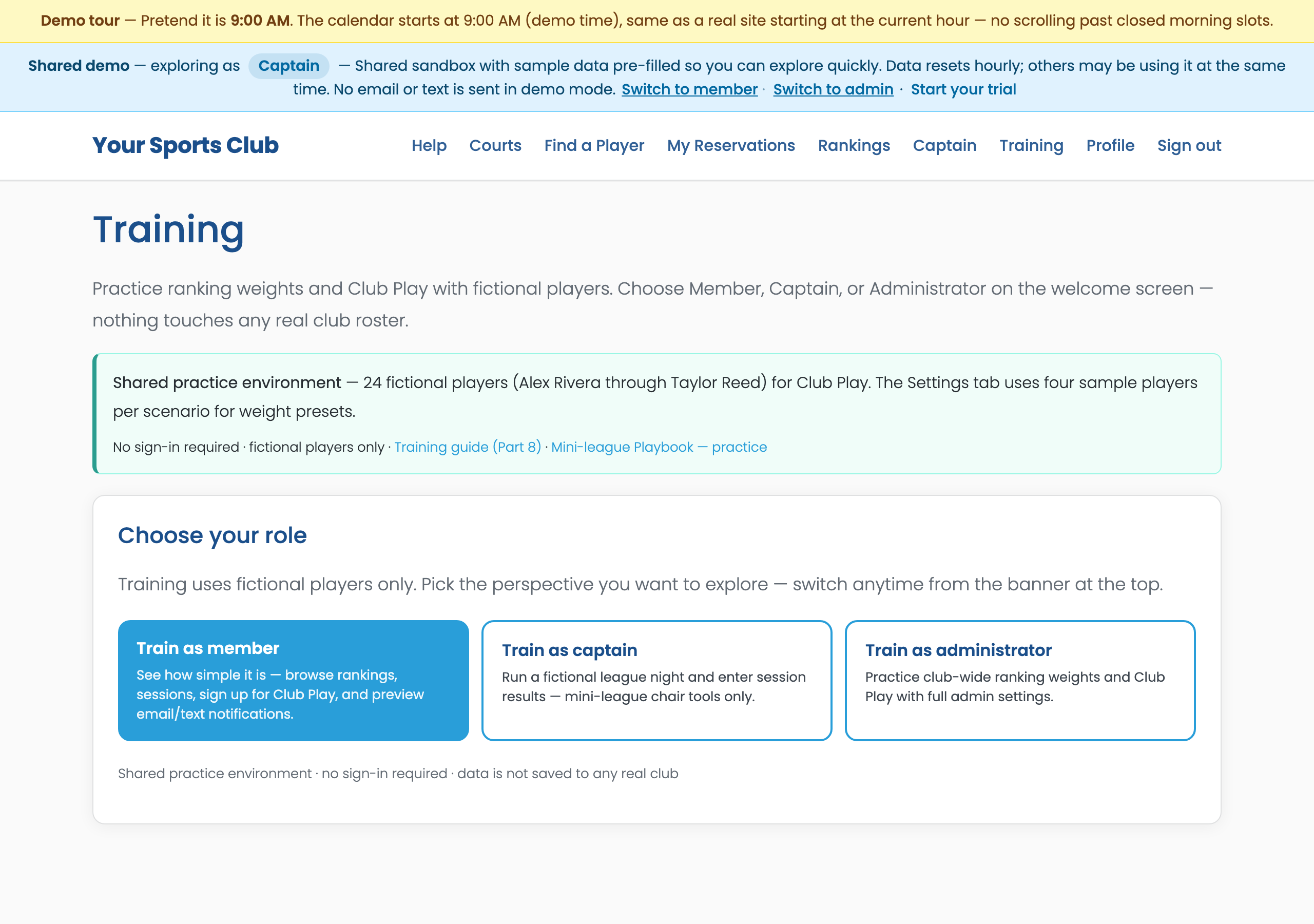 Training welcome screen with Member Captain Administrator roles